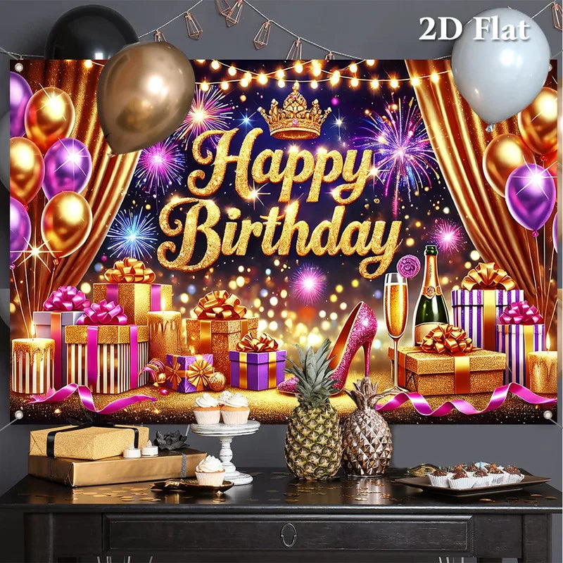 Purple Gold Birthday Background Cloth-75g Polyester-150*100cm Happy Birthday Backdrop Banner Photography Background
