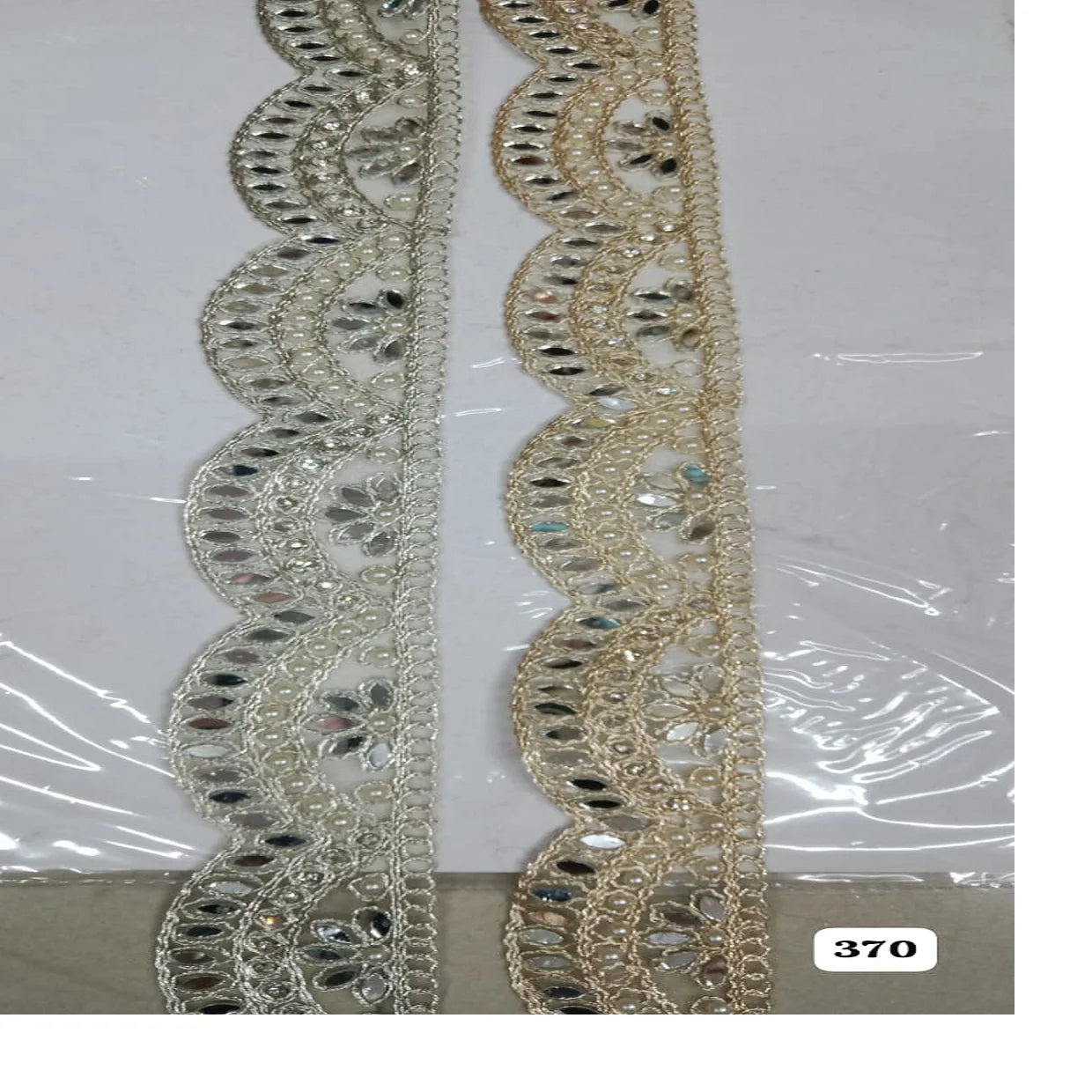 custom made in scalloping pattern with pearls attached machine embroidered laces in various designs and colours for resale.