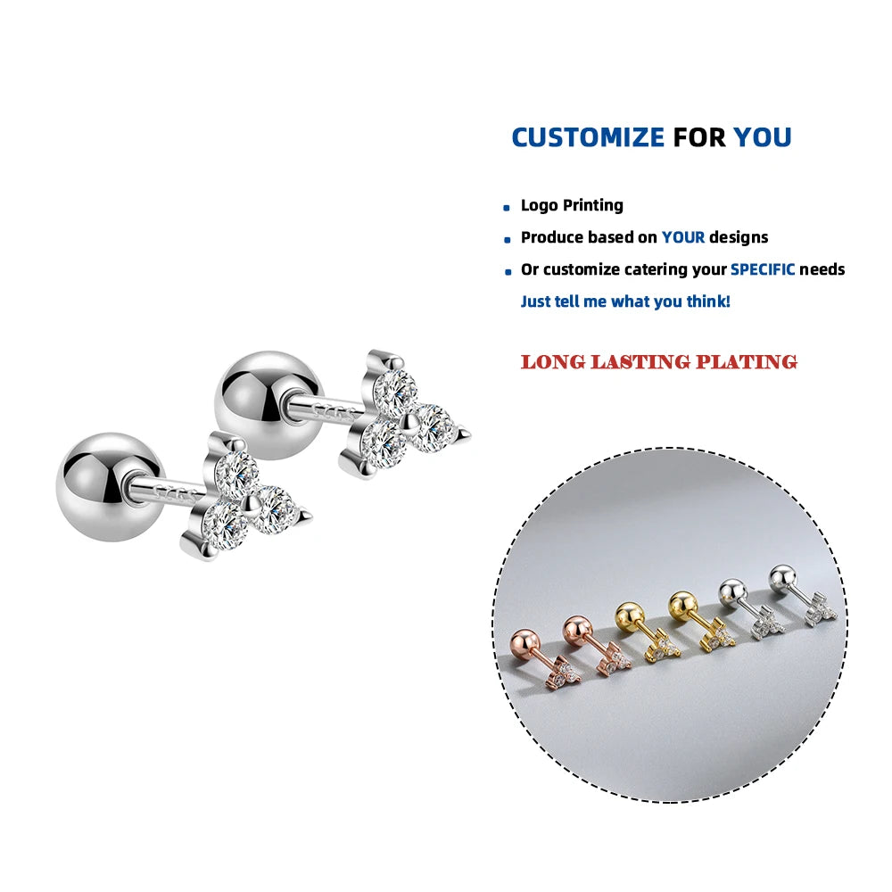 LE120 925 Sterling Silver Color Clover Screw Beads Small Stud Earrings for Women Fashion Ear Bone Piercing Party Jewelry Gift