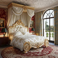 Luxury Modern European Canopy Bed Gold Carving Royal Four-Poster Bed for Villa Five-Star Hotel Bedroom Solid Oak Wood King Size