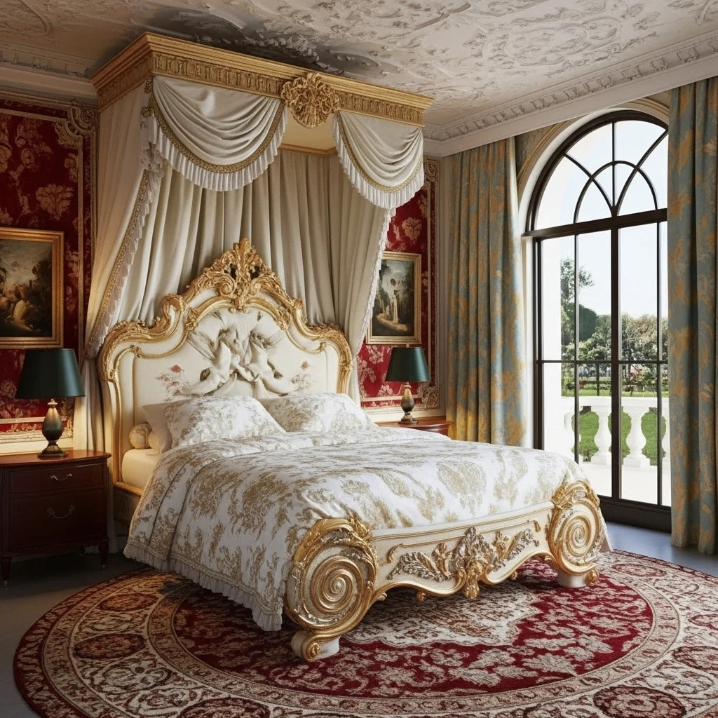 Luxury Modern European Canopy Bed Gold Carving Royal Four-Poster Bed for Villa Five-Star Hotel Bedroom Solid Oak Wood King Size