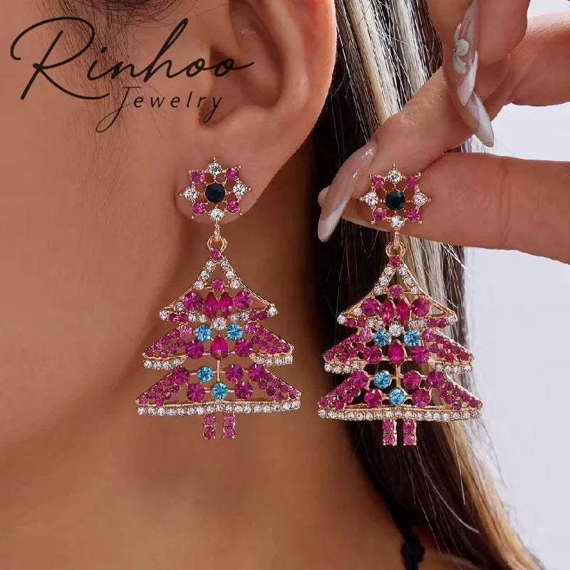 RINHOO Sparking Colorful Crystal Christmas Tree Dangle Earrings Women Exquisite Zircon Snowflake Star Drop Earring Party Jewelry MegaBDM
