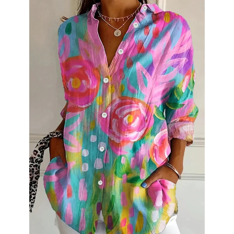 New Style 2025 Women's Long-Length Shirt Summer European & American Trend Long-Sleeve Shirt with Printed Patterns & 3D Prints