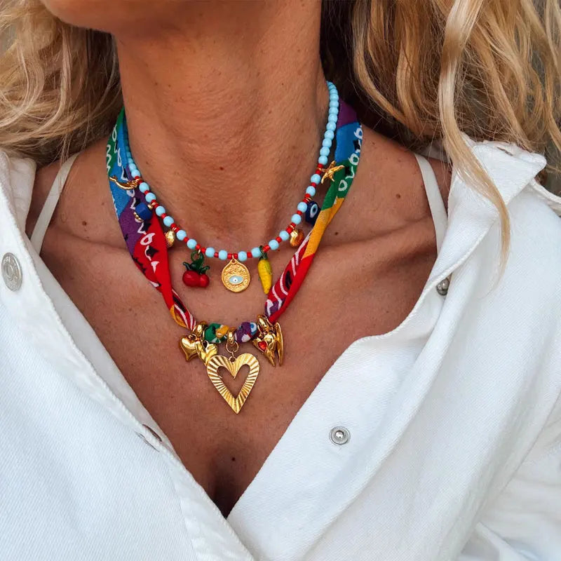 Bohemia Style 18K Gold Plated Anti-Tarnish Colorful Heart Shell Stainless Steel Strand Necklace with Scarf Charm for Women Party MegaBDM