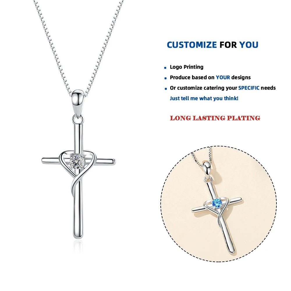 D330 925 Sterling Silver Cross Necklace for Women Necklace Cross Heart Pendant Necklace for Women Men Adjustable