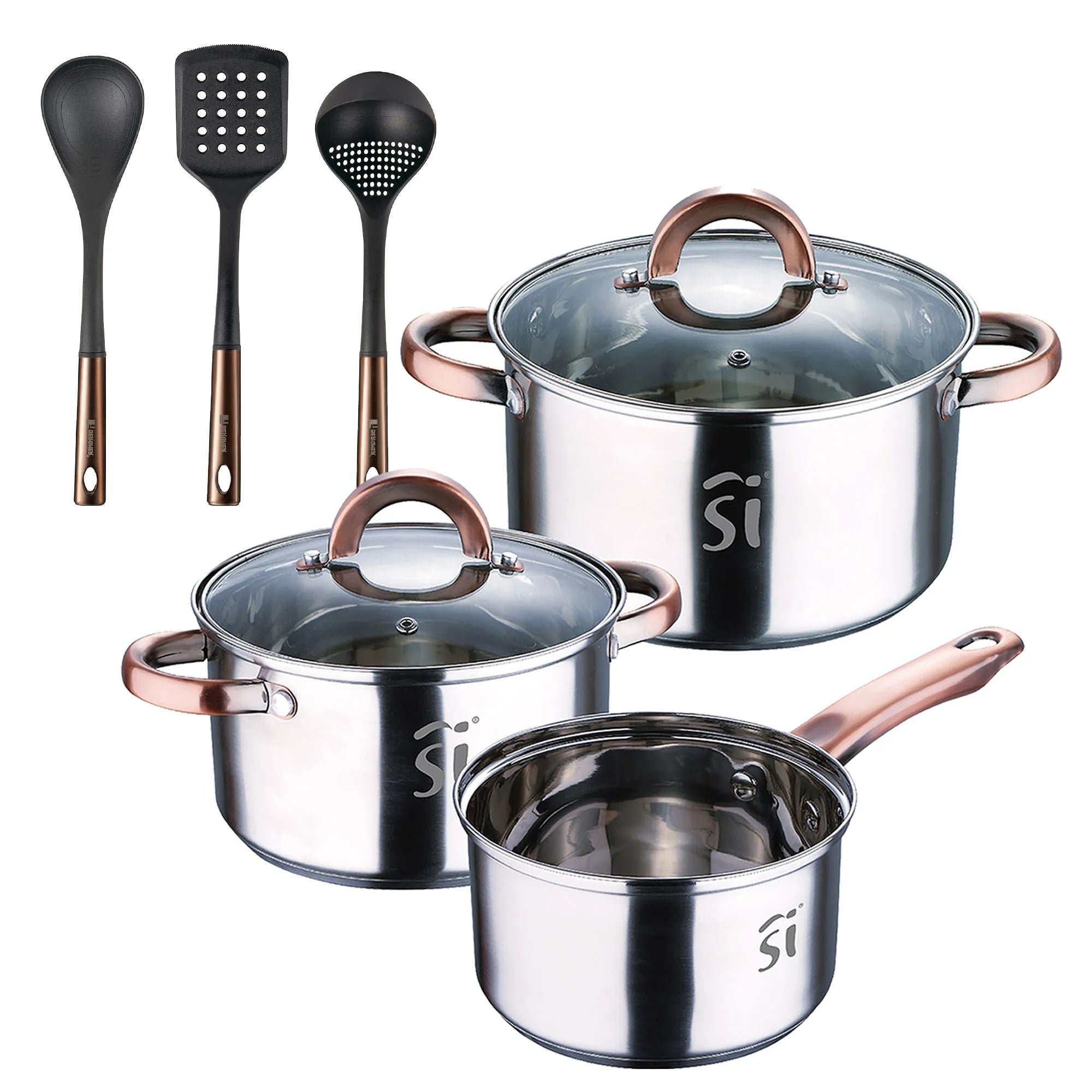 5-piece stainless steel cookware set 16/18/20cm suitable for induction + Bergner Copper 3-piece kitchen utensil set in black