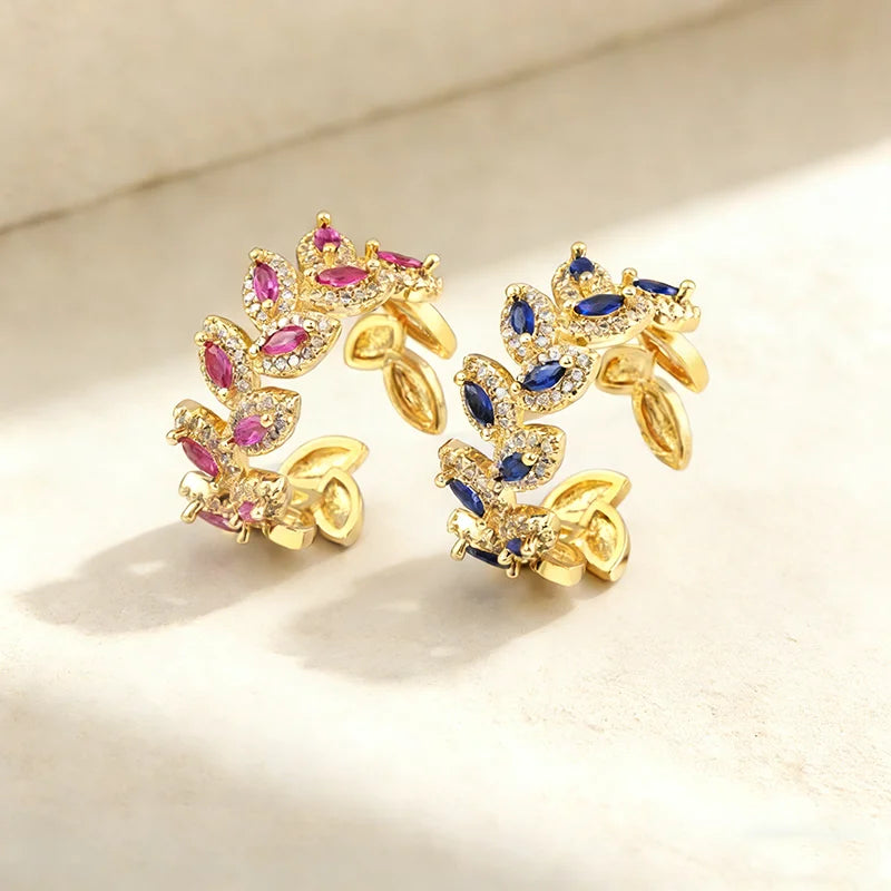 QIKU Bohemia Leaf Shape Opening Adjustable Rings  Rainbow Crystal Micro Paved Copper Zircon Jewelry Engagement Wedding Accessory