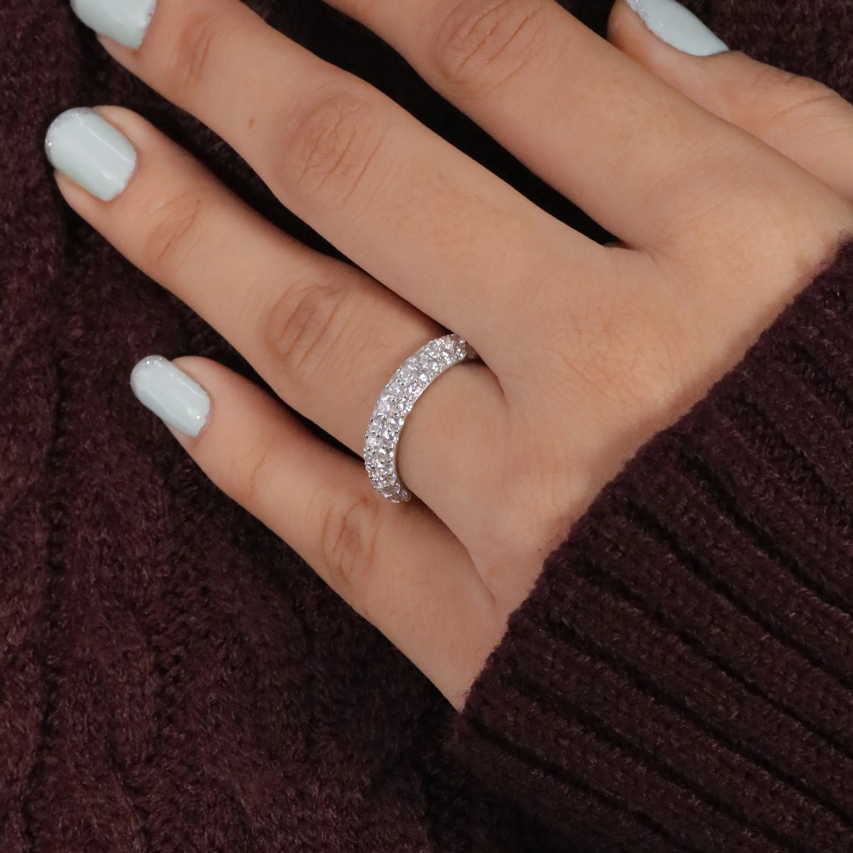 Cubic Zirconia Jewelry Three Row Diamond Eternity Band Dome Pave Wedding Ring 925 Silver