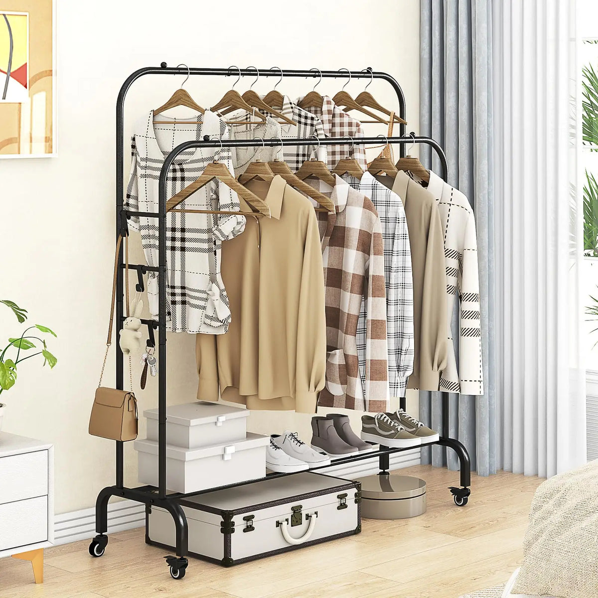 Modern Design Living Room Bedroom Shelves Heavy-Duty Metal Rolling Clothes Rack with Wheels Garment Rack for Hanging Clothing MegaBDM