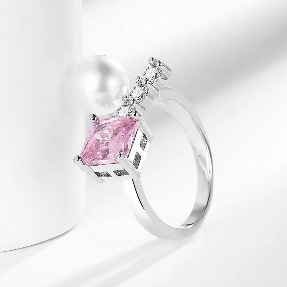 Anillo De Acero Inoxidable Geometric Pearl Index Finger Ring Open Adjustable Pink Zircon Ring Wedding Sparkling Rings for Bridal