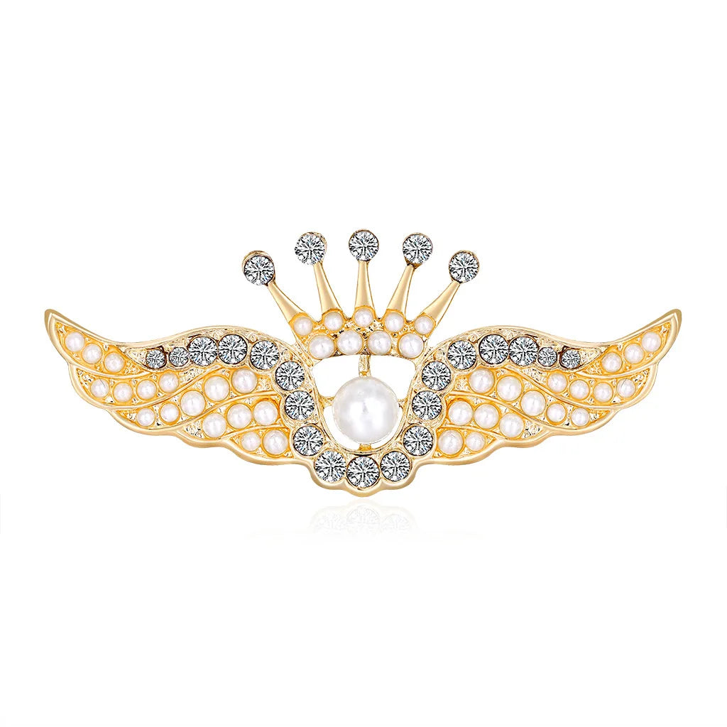 Gold Plated Promotional Metal Wholesale Fashion Rhinestones Zinc Alloy Women Pearl Crown Angle Wing Jewelry Brooch Pin for Suit