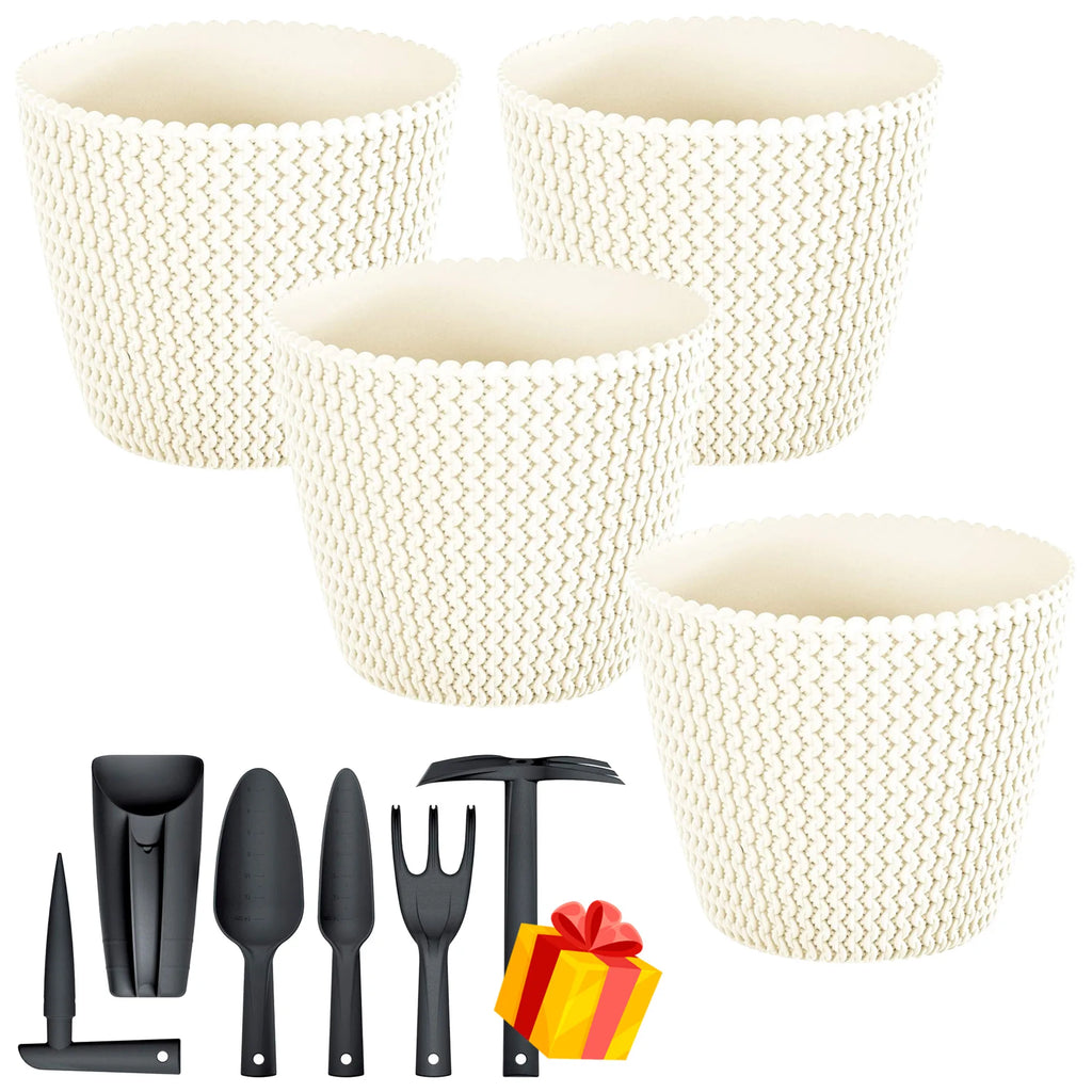 Set of 4 Prosperplast Splofy 5L round plastic flower pots in cream color 21.8x18.4cm + FREE set of 6 garden tools
