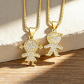 QIKU Cute Boy and Girl Doll Pendant Jewelry Full Crystal Necklace Gold Color Copper Zirconia Choker Mother's Day Gift Wholesale