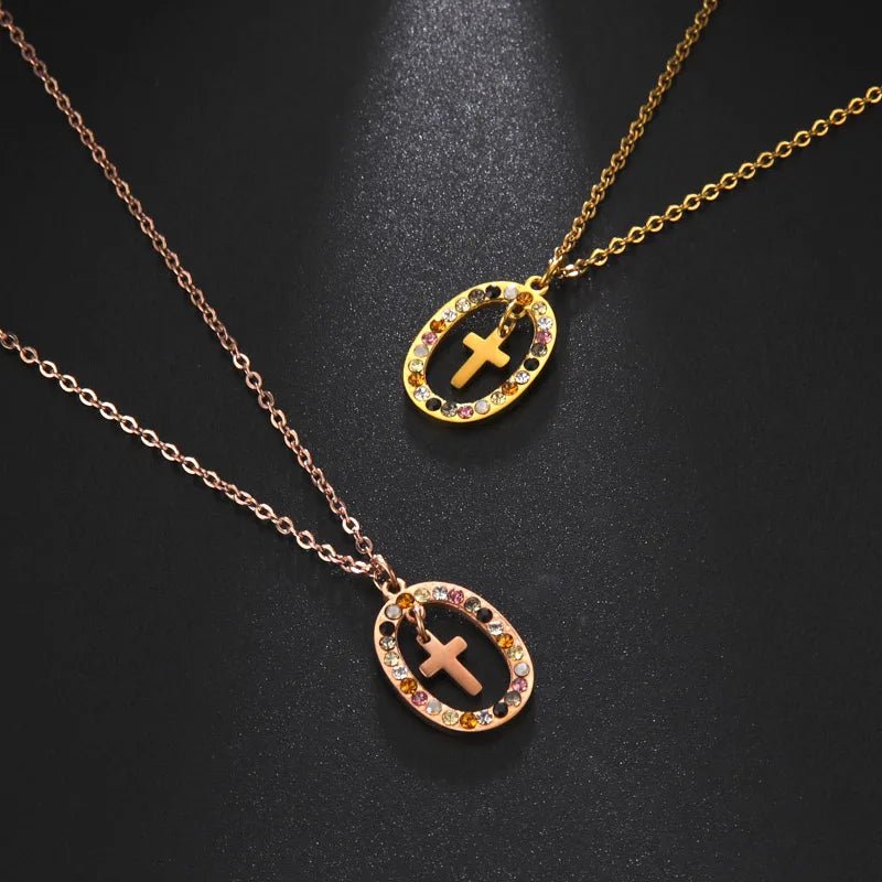 Wholesale Religious Jewelry Women Stainless Steel Oval Pendant Crystal Cross Necklace