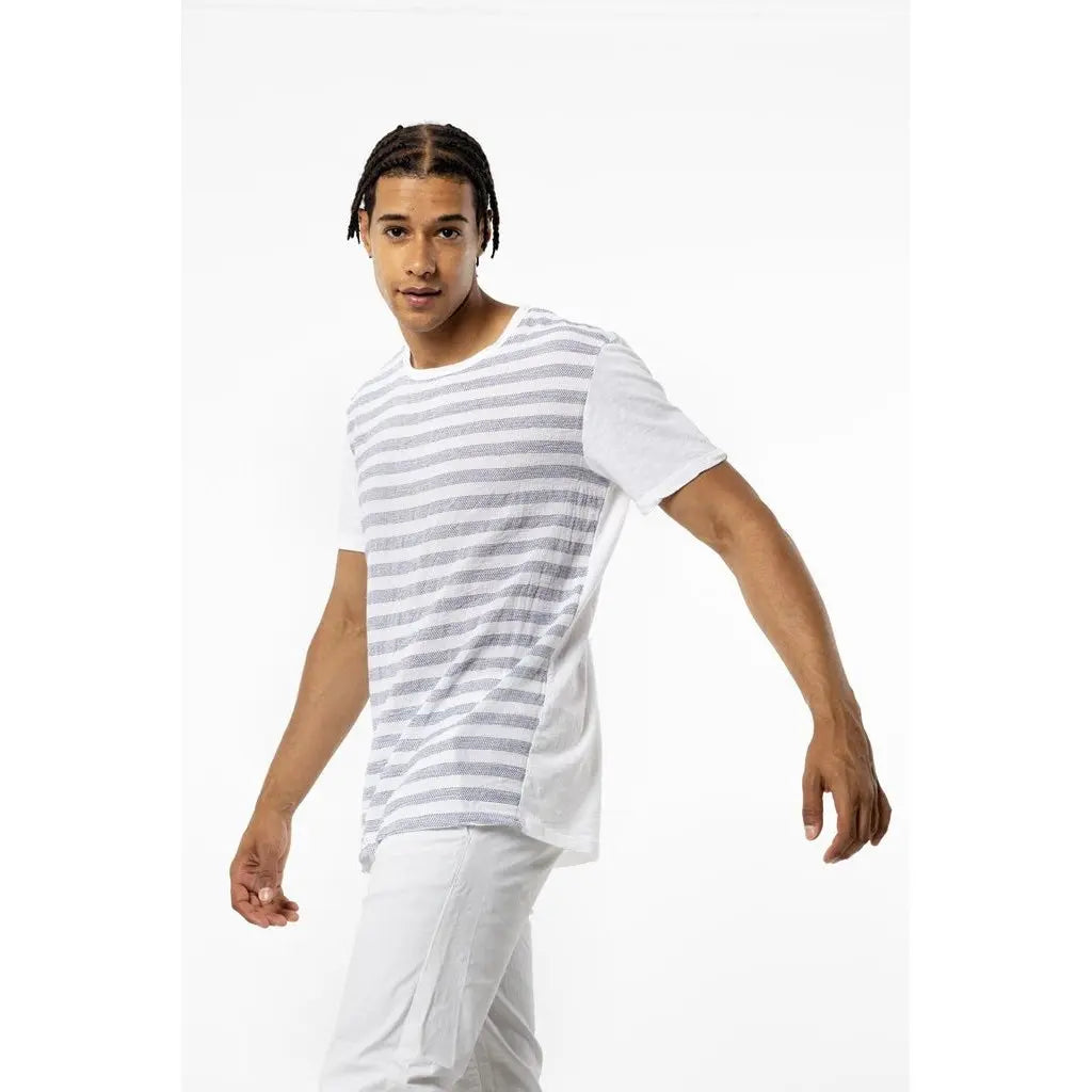 Premium White Horizontal Stripes O-Neck Men's Casual Breathable Regular Fit Linen-Style Cotton Short Sleeve T-Shirt with Pattern