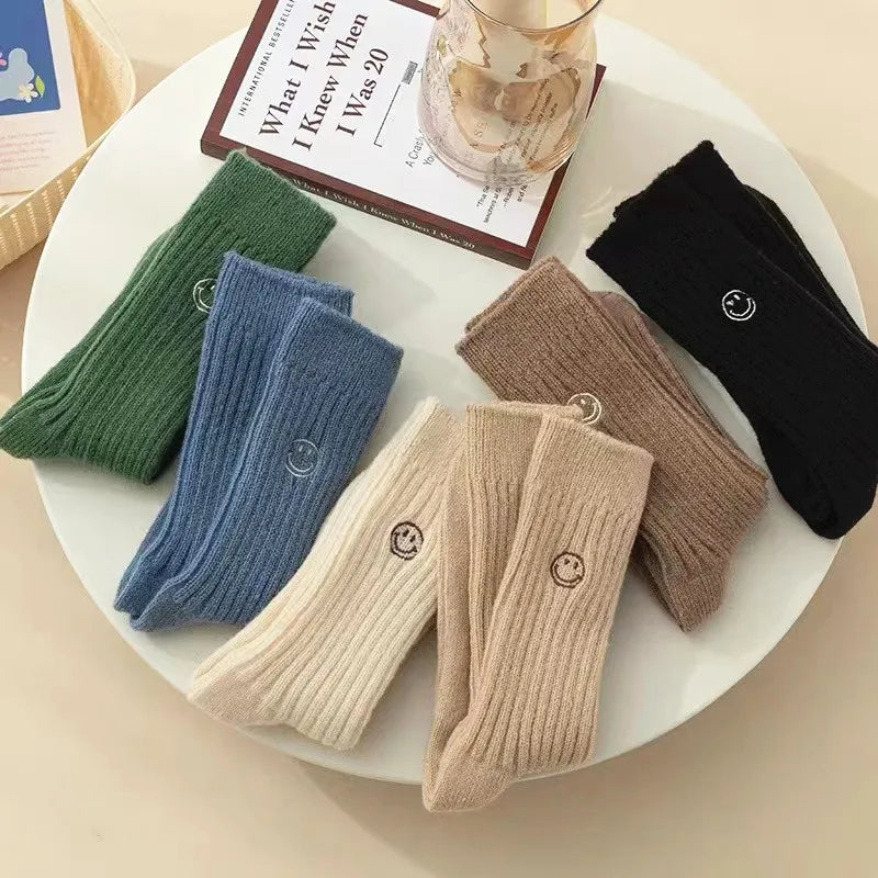 Japanese Fashion Solid Color Embroidery Smile Face Women Wool Thick Socks Warm Winter Socks Women