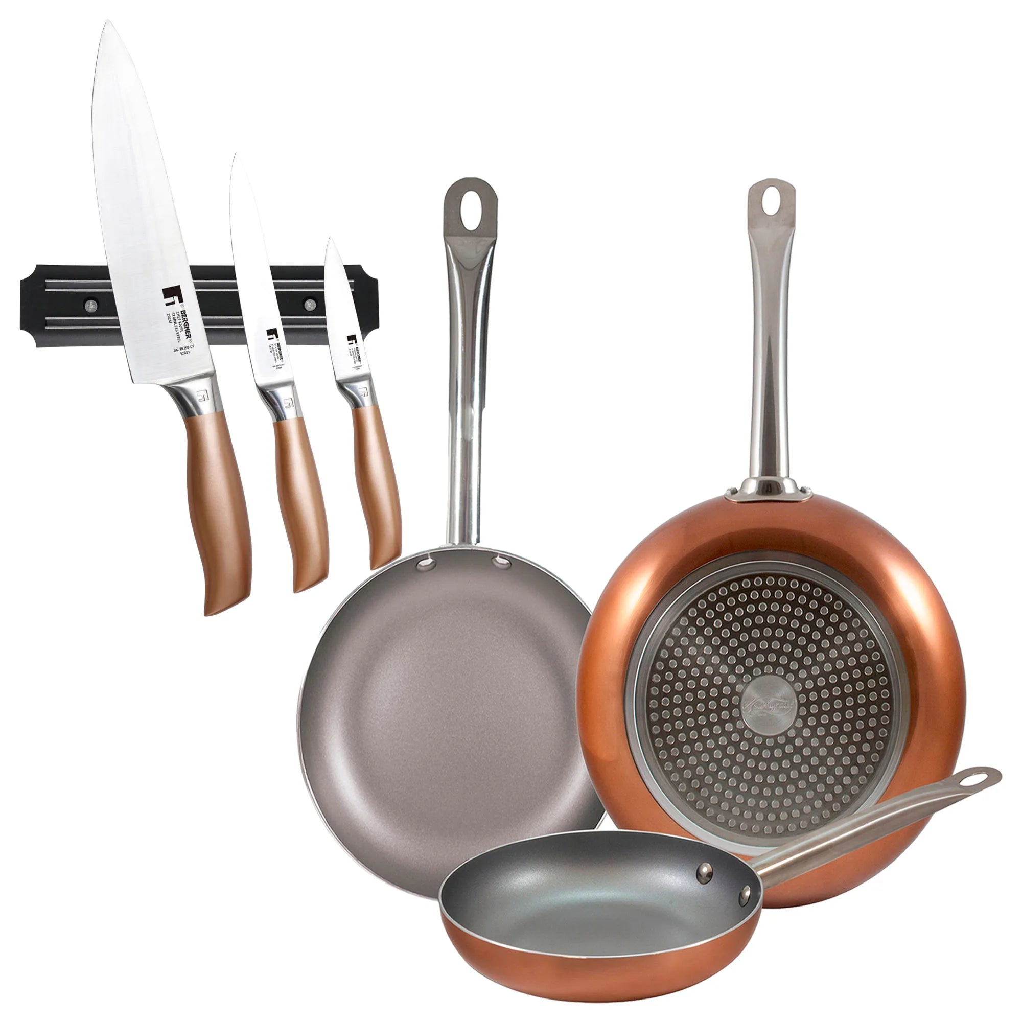 Set of 3 San Ignacio frying pans (18 22 26cm) made of pressed aluminum suitable for induction hobs + Set of 3 stainless