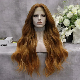 Celebrity Wholesale Ginger Copper T-Part Lace Front Synthetic Wig Long Body Wave 24 Inch Heat-Resistant Fiber Wig for Women