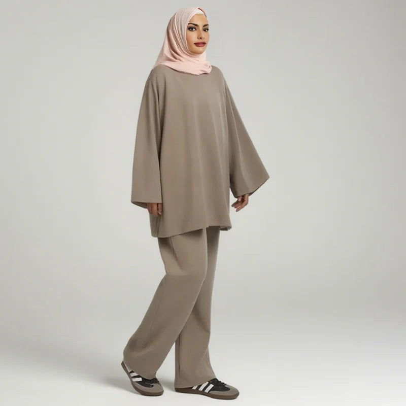 Wholesale Lightweight Elegant Casual Drop-shoulders Top+Pants Set for Summer Autumn Spring Plus Size Traditional Muslim Clothing