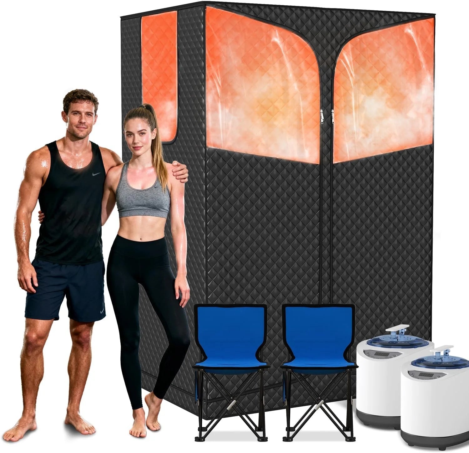 BAFAN Modern Portable Lightweight 2-Person Steam Sauna Tent with 2 Steam Generators and Transom Windows