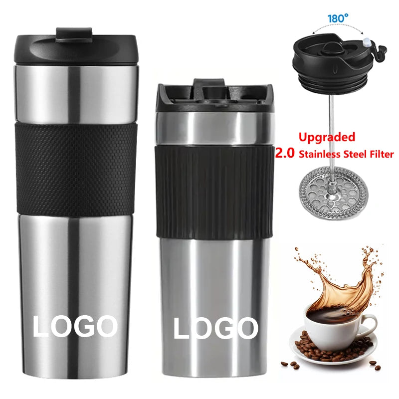 New 15oz Insulated Portable French Press Travel Coffee Maker with Upgraded Stainless Steel 2.0 Filter and Mini French Press Mug