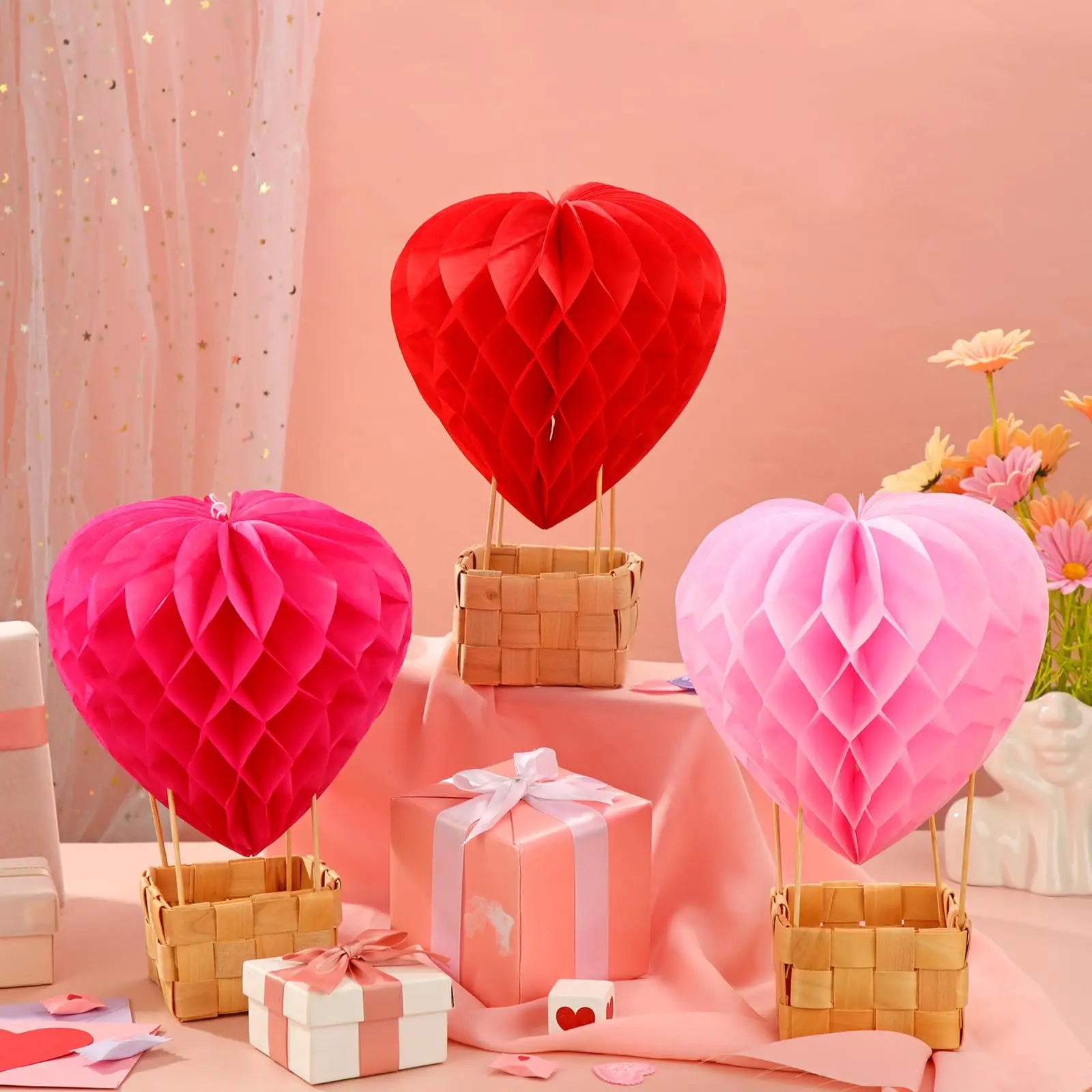 Heart Hot Air Balloon Table Honeycomb Centerpieces Decoration Set with Basket Valentine's Day Table Centerpieces Decorations
