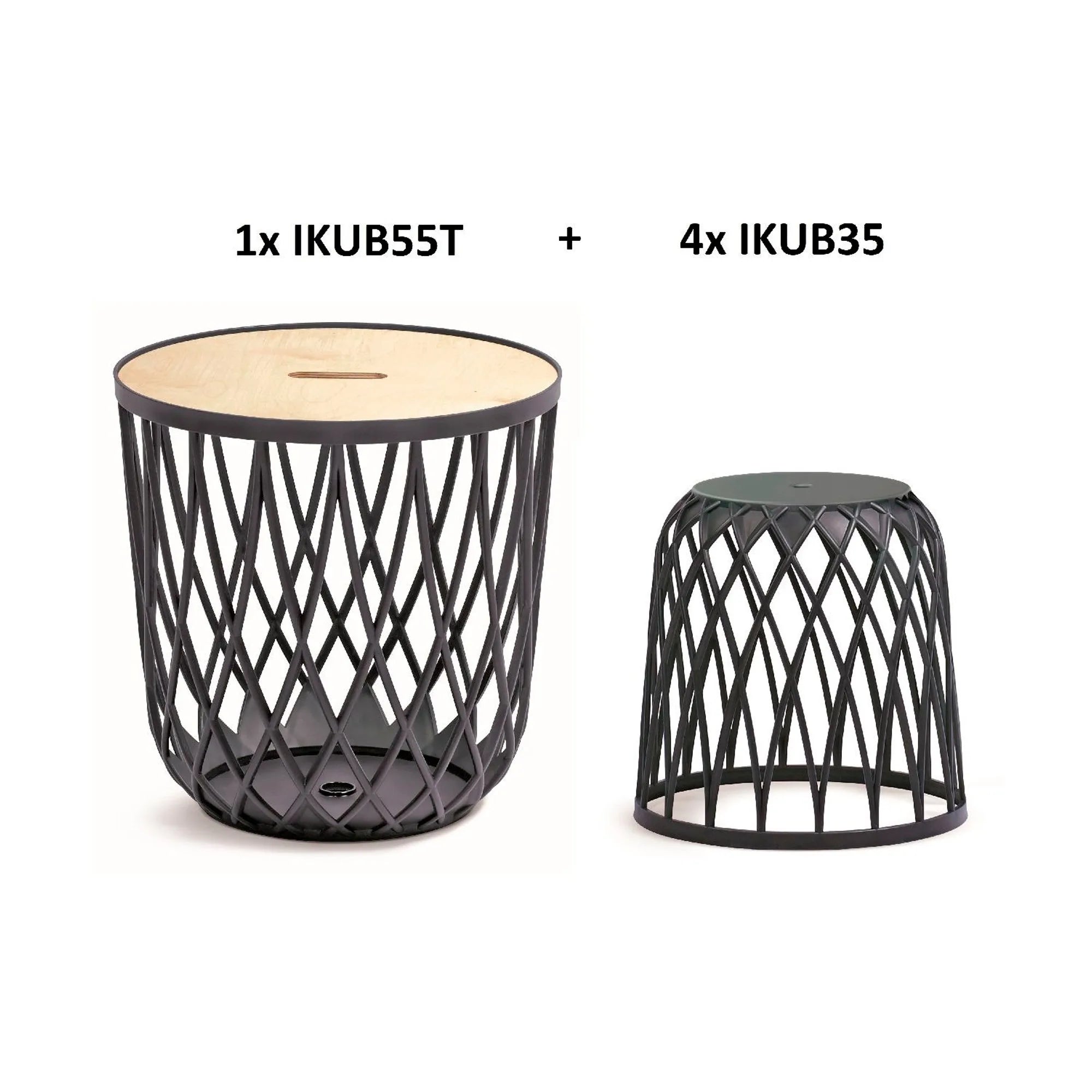 Set of 5 multifunctional baskets 55L (with wooden lid) + 4x35L Prosperplast Uniqubo made of plastic in anthracite color