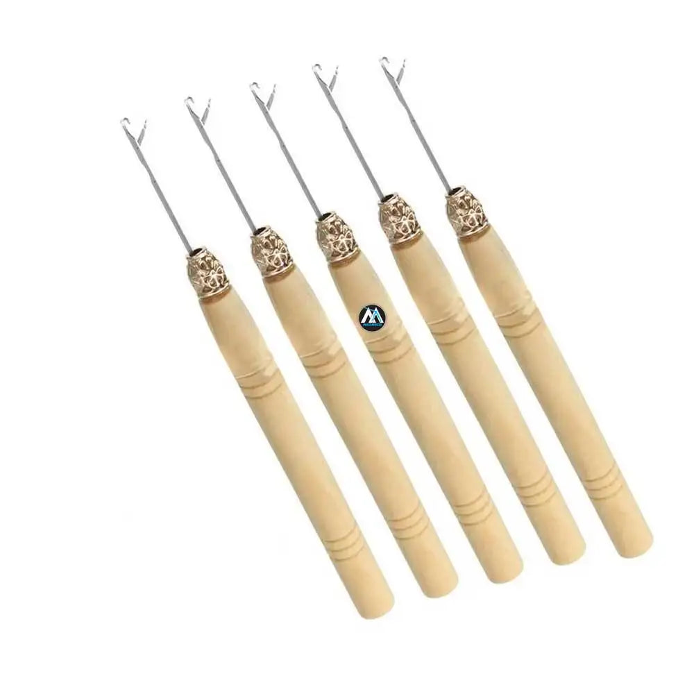 Wooden Hair Extensions Crochet Needle Threader Wire Pulling Hook Tool for silicone microlink beads and feathers Set of 5