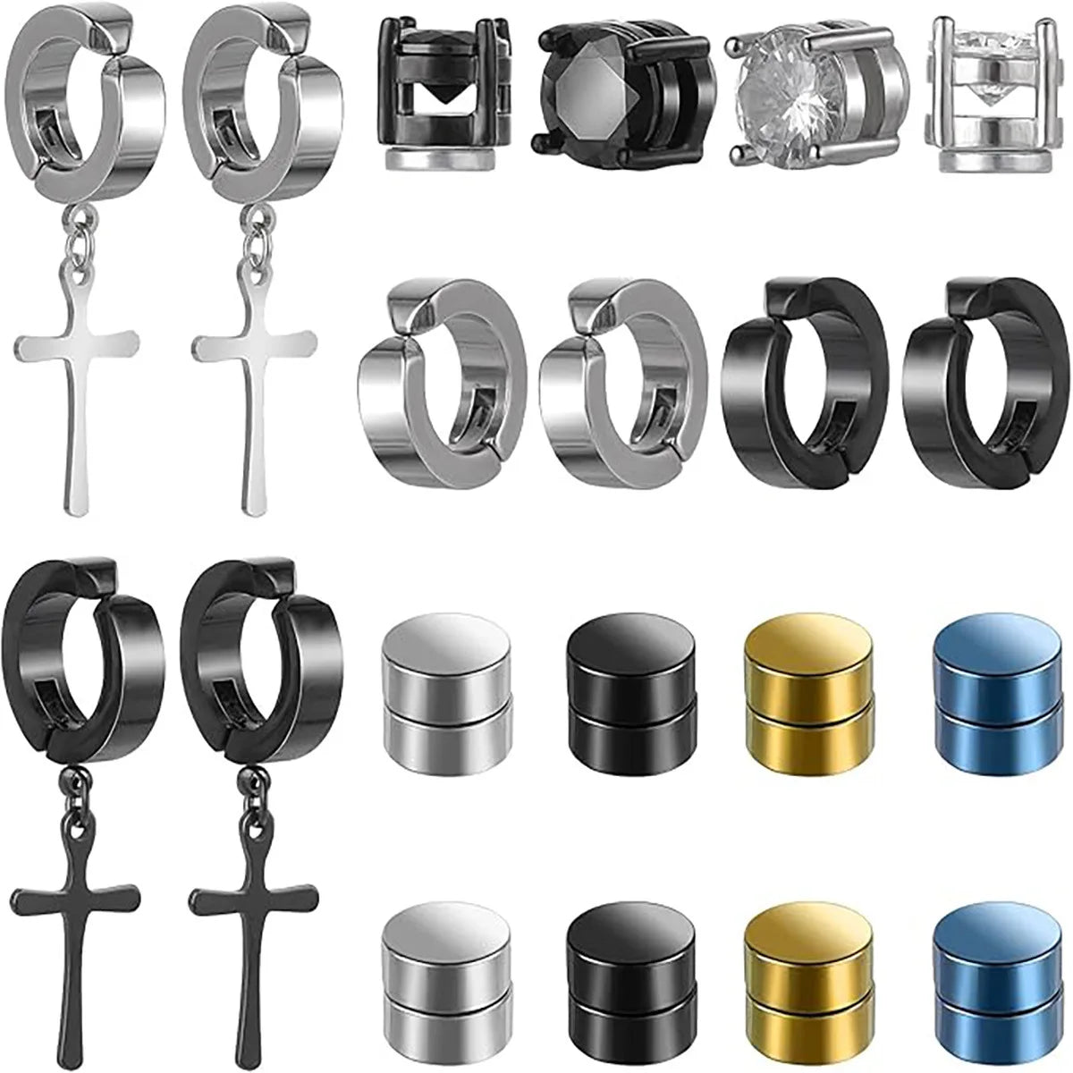 Wholesale Clip-On Earrings 10-Pair Set Trendy Stainless Steel No-Piercing Zircon Ear Clips Magnetic Earrings Luxury Ear Cuffs