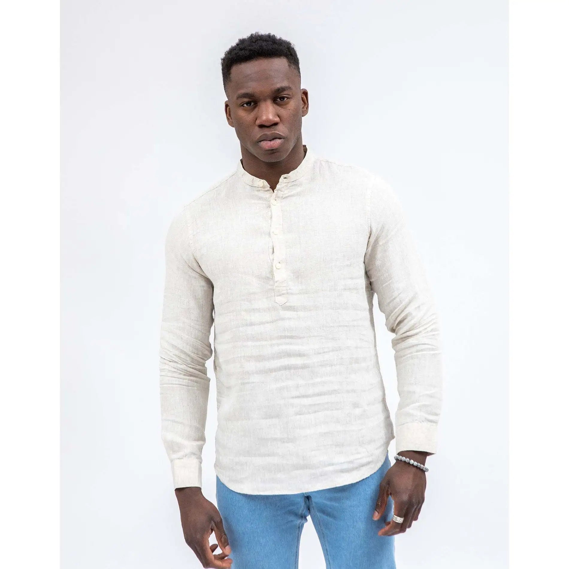 Imperio Shop Washed Breathable Linen Fabric Soft Feel Men's Beige Casual S Mandarin Collar Shirt