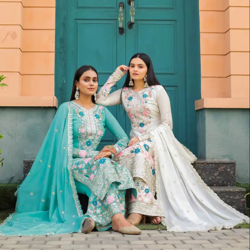 Wrinkle Free Embroidered Heavy Chinon Silk Women's Kurti Set with Palazzo and Dupatta for Wedding and Diwali