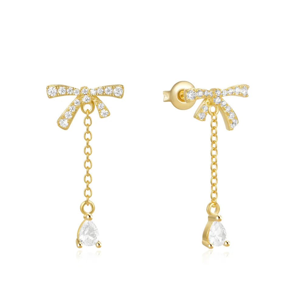 CANNER Custom Korean Sweet S925 Sterling Silver Bow Stud Earring Long Tassel Bow Zircon Stud Earrings for Women