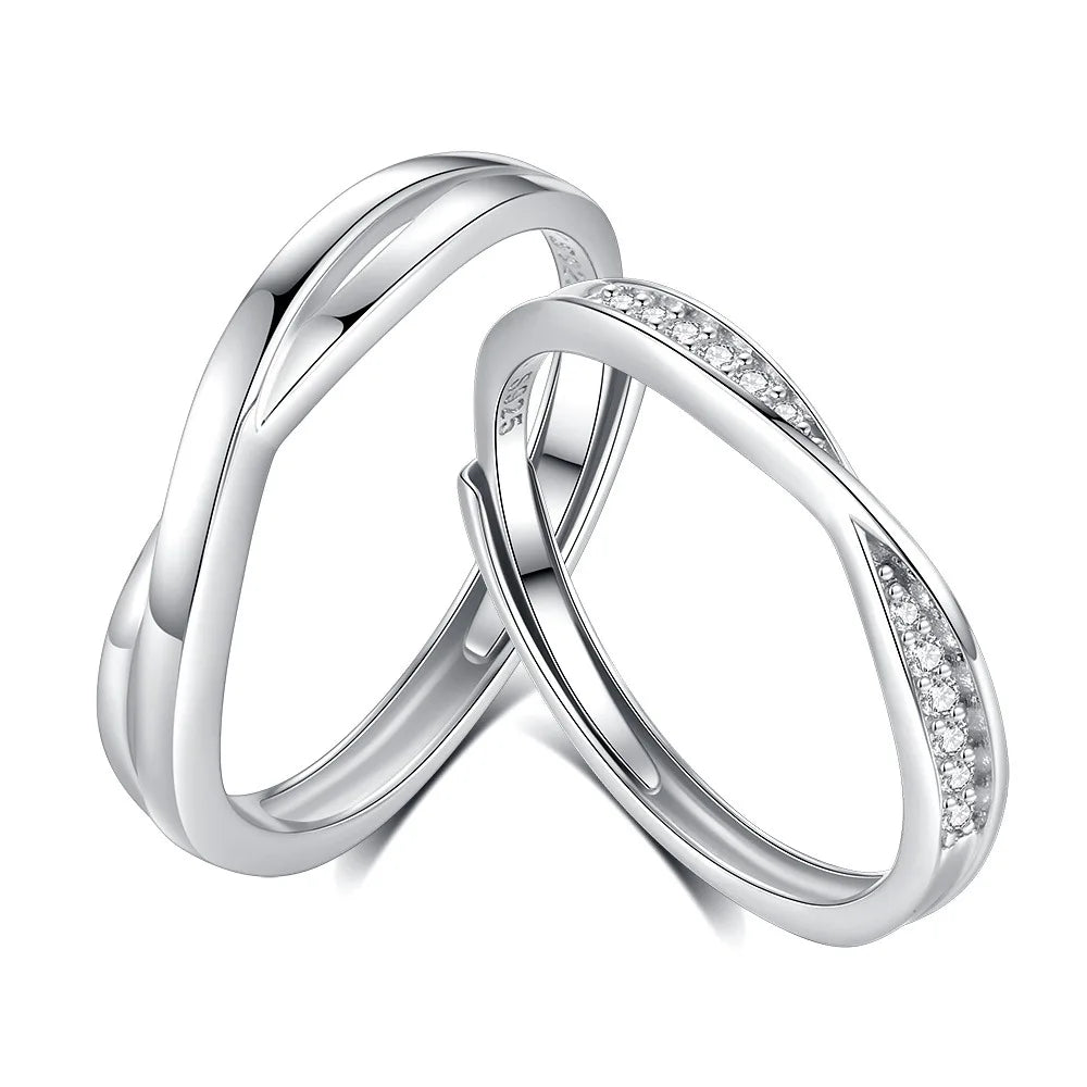 FDJZ-166 Design 925 Sterling Silver Simple Open Adjustable Cross Zircon Mobius Twisted Rope Couple Rings