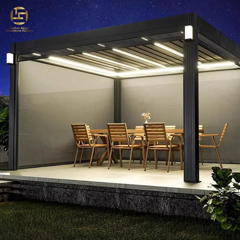 Beach Style Aluminium Retractable Motorized Pergola with LED Lighting Bioclimatic Waterproof for Balcony & Outdoor Use