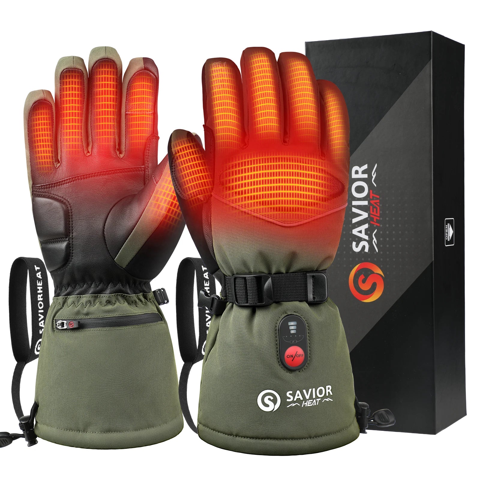 SAVIOR Green 7.4V 3000mAh Outdoor Warm Ski Gloves Nose-wipe Reflective Tape Heated Ski Gloves Heated Gloves Rechargeable