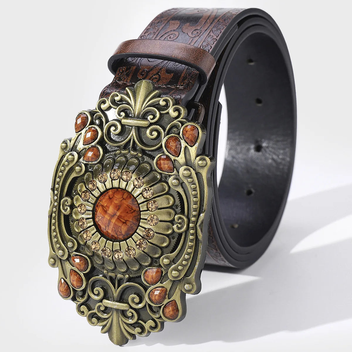 Aesthetic Viral TikTok Western Belt Distressed Rhinestone Buckle Leather Belt for Y2K Denim