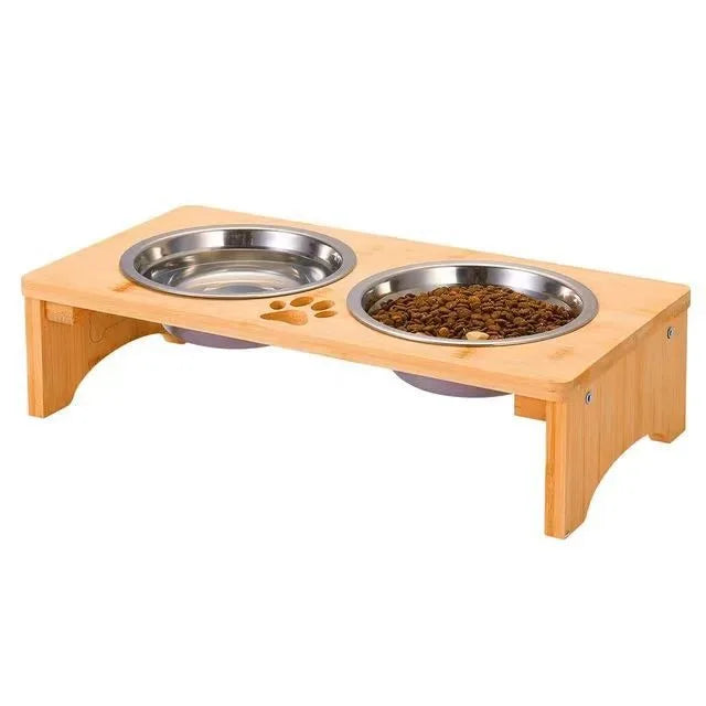 Modern Simple Eco-Friendly Stainless Steel Pet Bowls Rectangle Shape Bamboo Stand Floor Mount Non- Feet Solid Pattern
