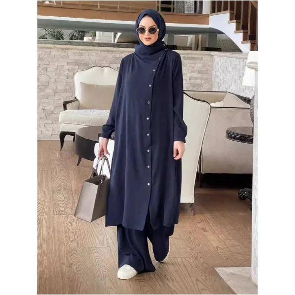 Muslim Clothes for Women 2 Piece Set Long Sleeve Button Down Shirt and Pants Ramadan Abaya Dress Islamic Dubai Outfits