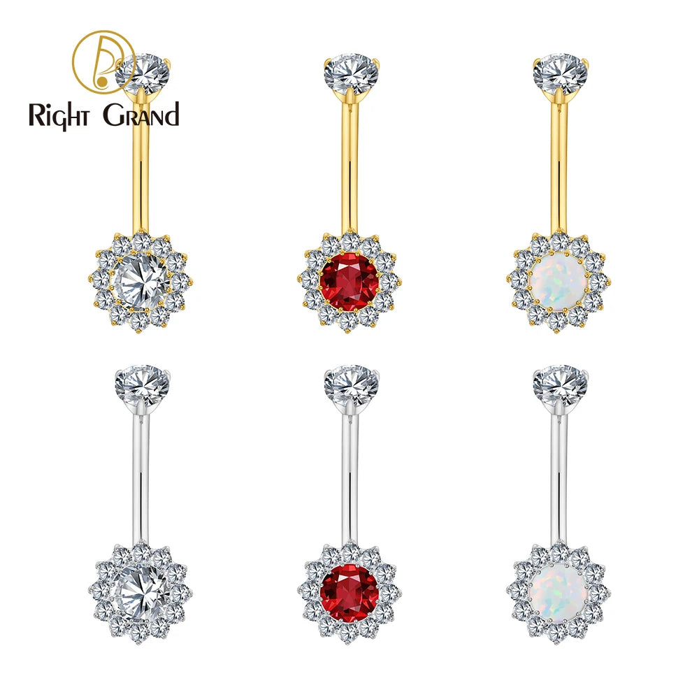 Right Grand ASTM F136 Titanium Round CZ Halo Belly Button Ring 14G Threaded Navel Curved Barbell Piercing Jewelry