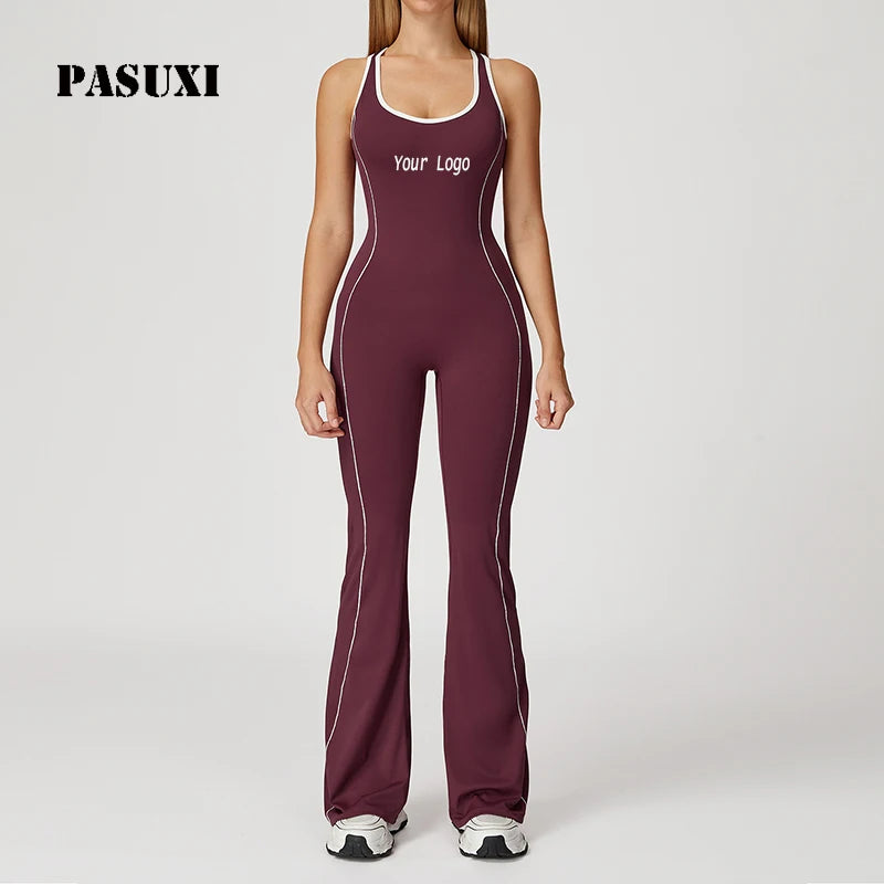 PASUXI Hot Sale Women Hollow Back Yoga Suit with Flared Pants High Waist Hip Lift Workout Jumpsuit Breathable Yoga Set for Women