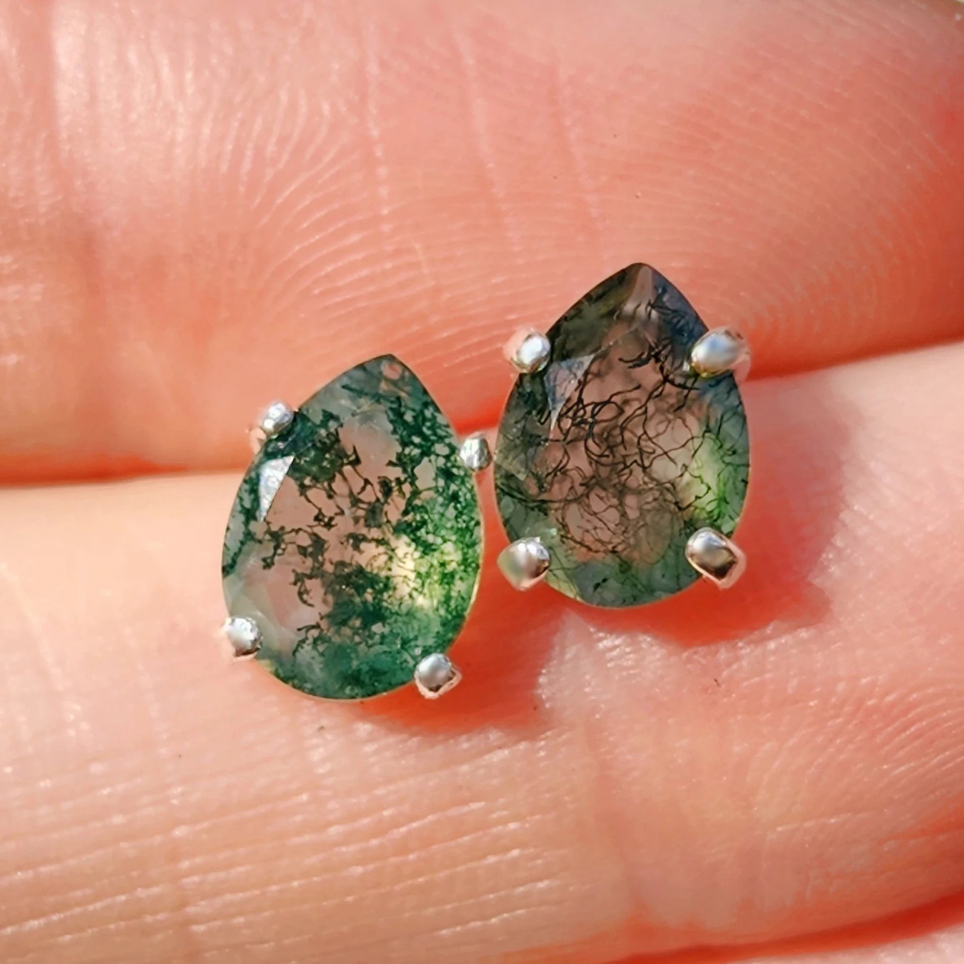 Water Drop Moss Agate Jewelry Women 925 Silver Stud Earrings Vintage Natural Green Moss Agate Stud Earring