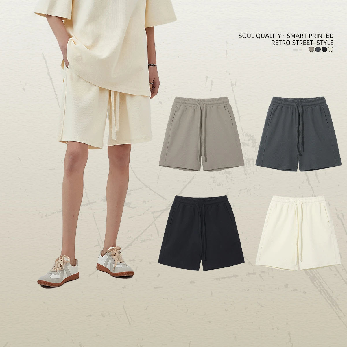 SK Men's 2025 Summer Collection Casual Sports Solid Waffle Knitted Shorts Breathable Diamond 330G Mid Waist Loose Drawstring