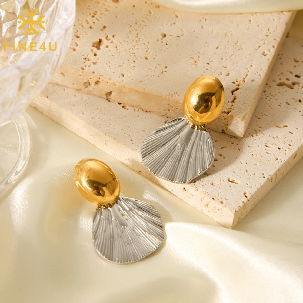 Ins 18K Gold Silver Two-tone PVD Plated Stainless Steel Fanshaped Texture Stud Earring for Women Jewelry Gift Waterproof