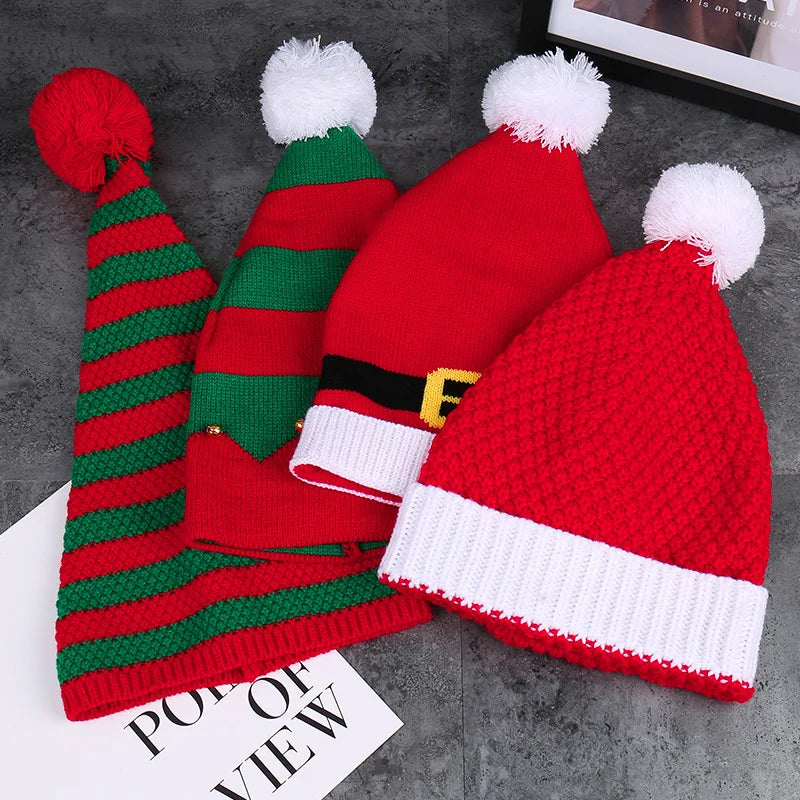Red Christmas Knitted Beanie Caps Hats Autumn Winter Ball Stripe Warm Christmas Gift Knitted Hat