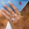 YML& Fashion 18k Gold Pvd Plated Stainless Steel Hammered Lined Cute Rhinestone Open Ring Flower Daisy Colorful Oiled