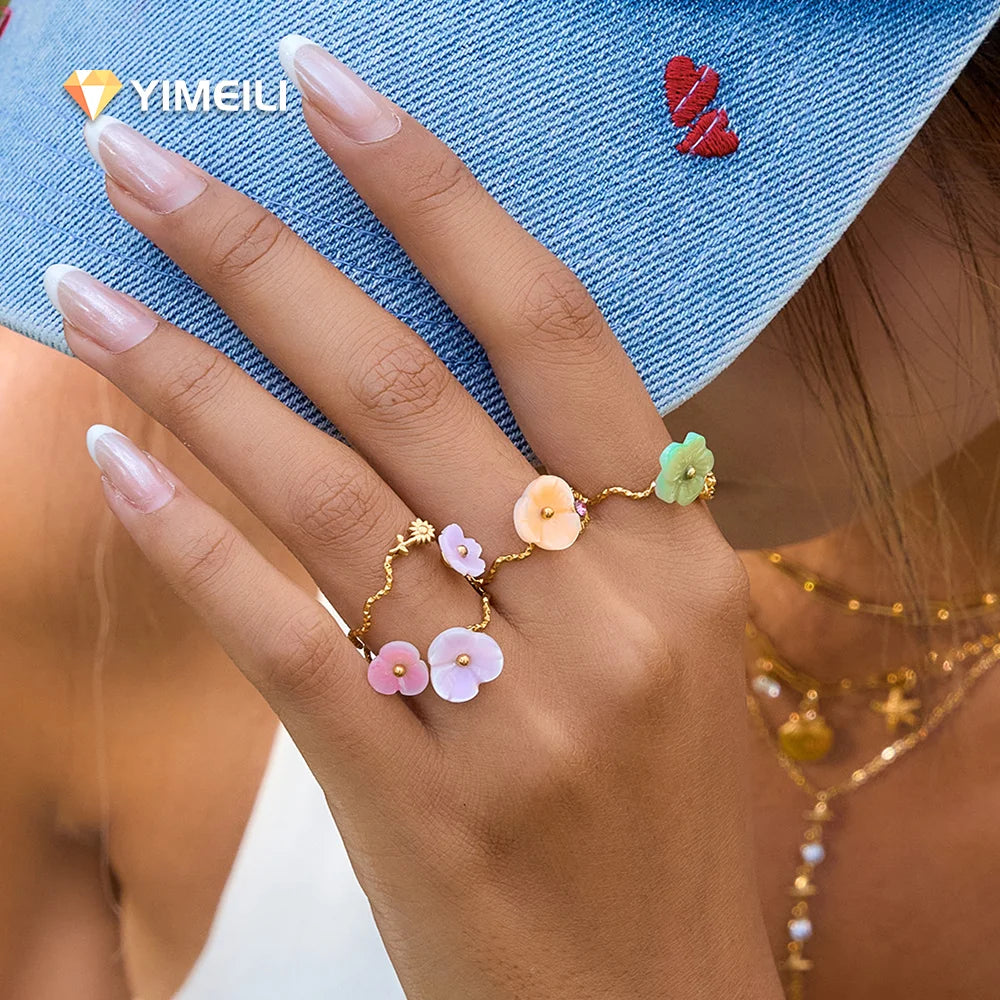 YML& Fashion 18k Gold Pvd Plated Stainless Steel Hammered Lined Cute Rhinestone Open Ring Flower Daisy Colorful Oiled