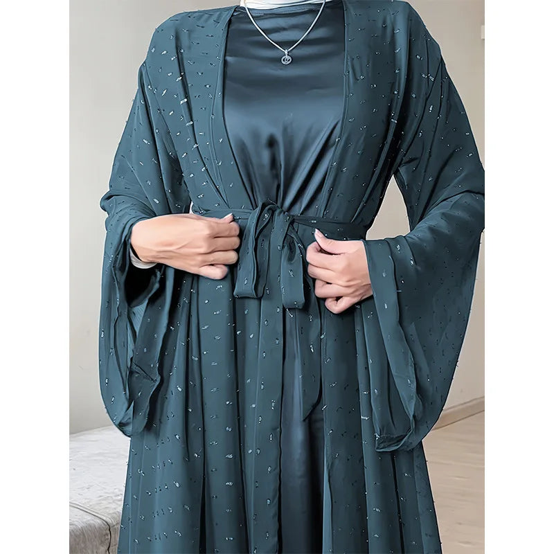 Middle Eastern Muslim 2pcs Set Bell Sleeve Shawl Dress Long Sleeve with Headscarf + Round Neck Long Sleeve Solid Color Dress