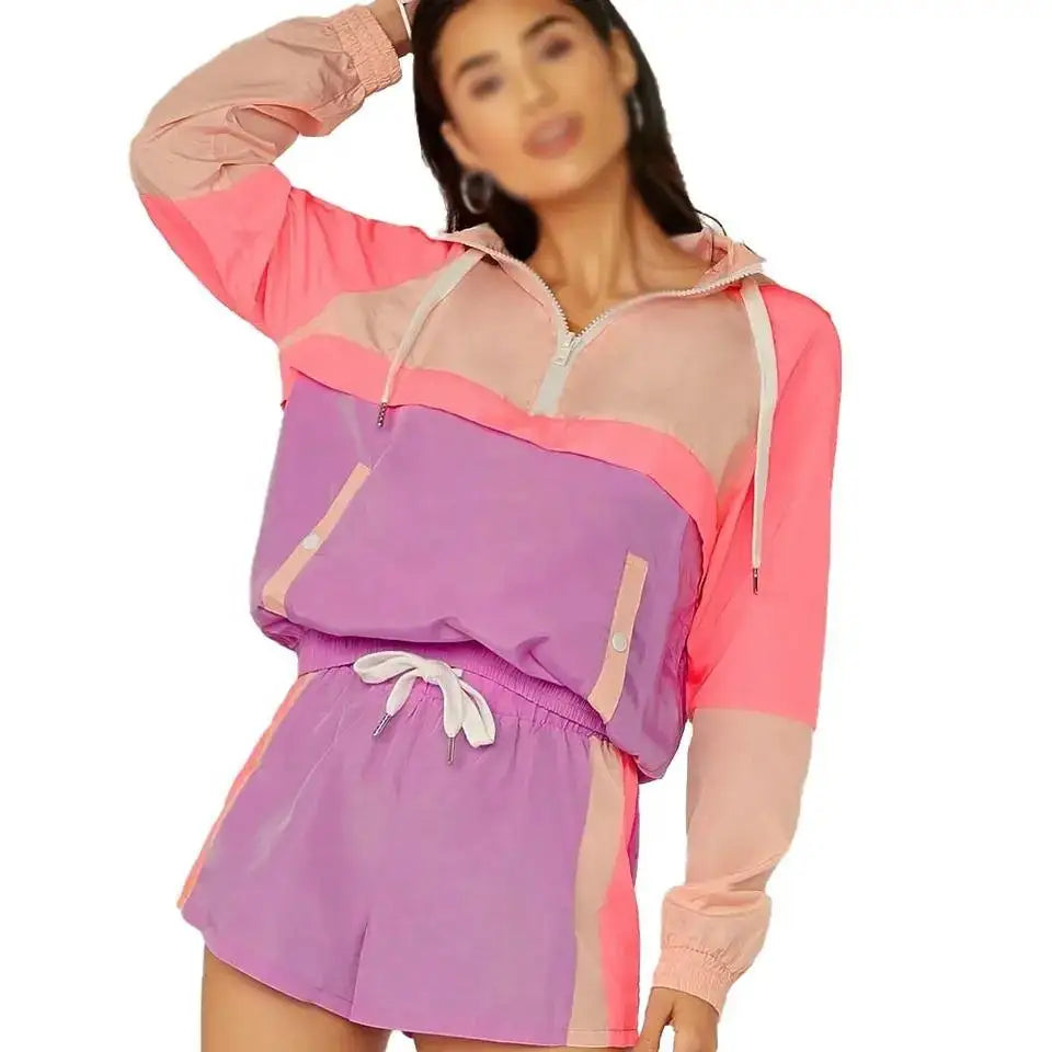 Lightweight Breathable Women's Windbreaker Short Set for Running & Fitness Stylish Hooded High Waist Kit