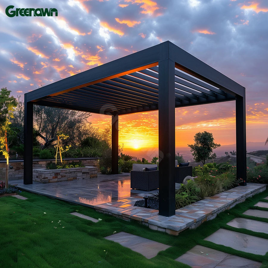 Luxurious 3x3/3x4 Black Aluminum Pergola With Louvered Roof and Curtain Outdoor Pergola Systems for Garages Canopies Carports