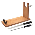 WELL HOME - Wooden ham holder with V-shaped fittings spike and hoof fixing + Ham knife set (25cm) and sharpening steel (21cm)